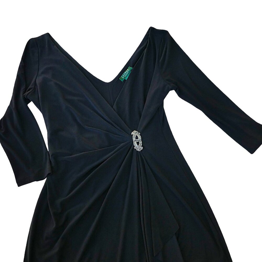 Ralph Lauren Evening Black Jeweled Midi Dress Ruched Hip V Neck Long Sleeve 14